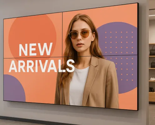 A professionally installed video wall displaying digital signage in a modern retail store.